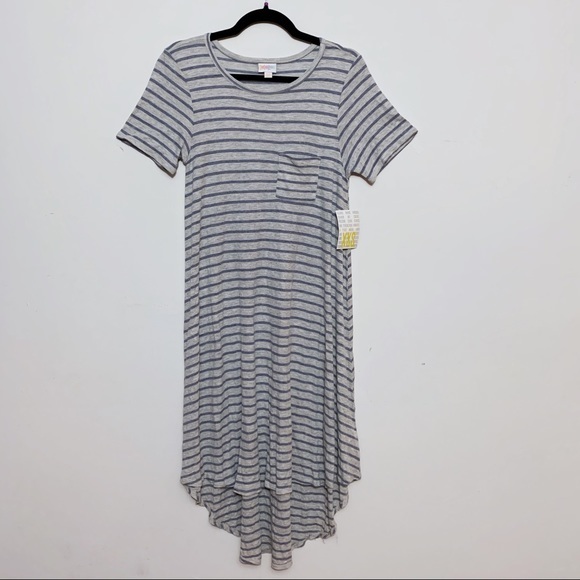 NWT LuLaRoe Carly Dress XXS Gray w/ Periwinkle Stripes, High-Low Hem - Picture 1 of 5